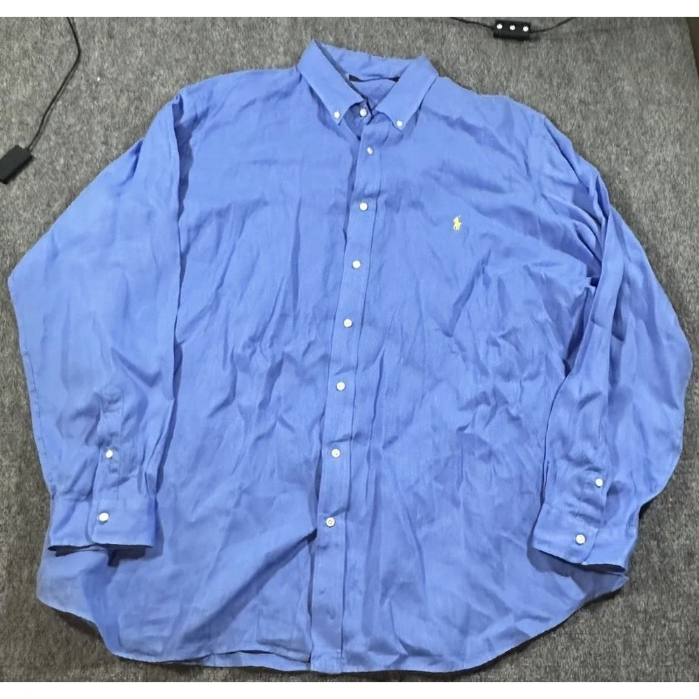 Polo Ralph Lauren Men's 3XLT Tall Blue Button Down Dress Shirt 100% Linen EUC